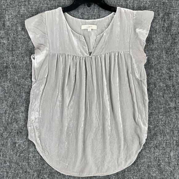 LOFT Shirt Womens S Gray Metallic Blouse Top Velvet Flutter Sleeve Chic Formal - Picture 1 of 8